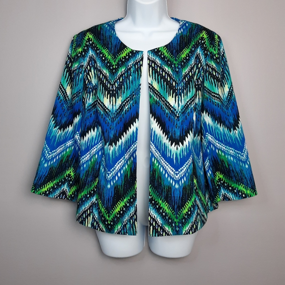 Chico's Blue and Green Chevron Print Open Front Blazer size Medium